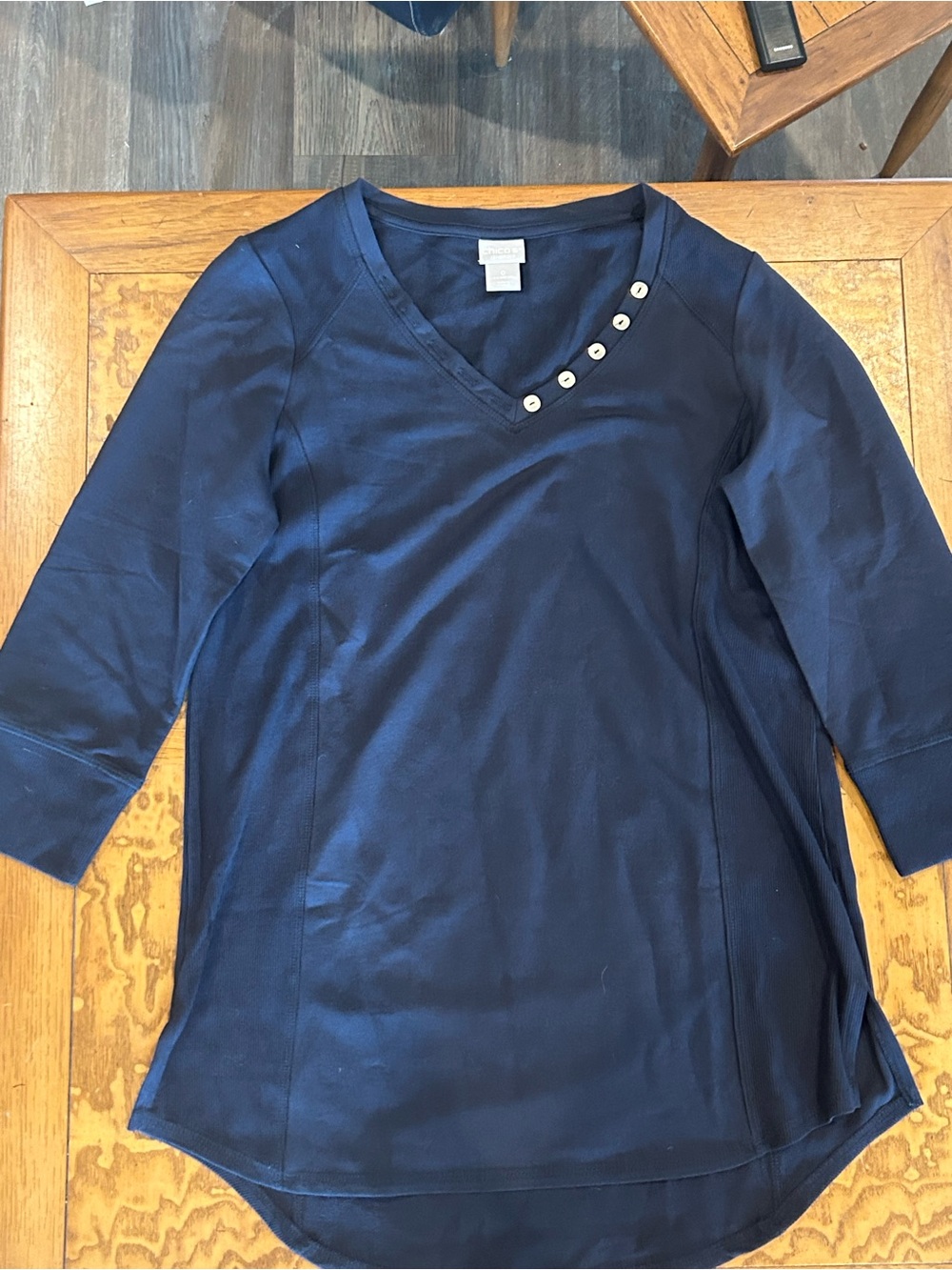 Chico's Navy V-Neck Button-Accent Long Sleeve Top